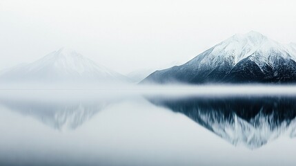 Fototapeta premium A mountain range reflects on the calm waters of a lake amidst a foggy landscape