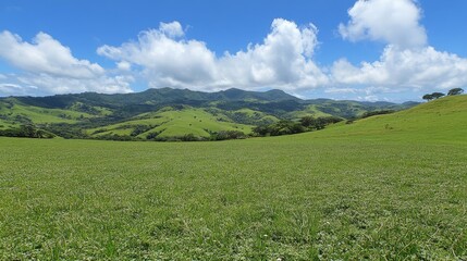 Green meadow dominating landscape with rolling hills and cloudy sky