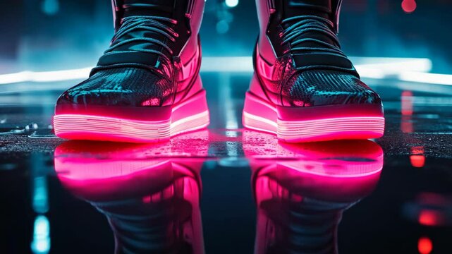 close up feet wearing glowing light futuristic shoes, idea for  digital foot print concept