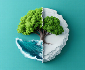 Save the planet. Earth's balance between trees, ocean and land. Eco friendly symbol and abstract environmental protection artwork