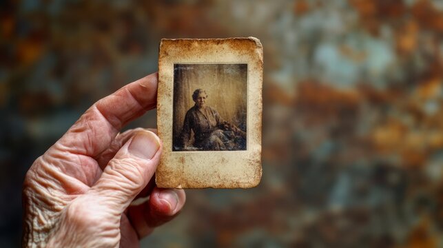 A weathered hand holds an old sepia photograph, evoking nostalgia and memories of a bygone era amidst a softly blurred background.