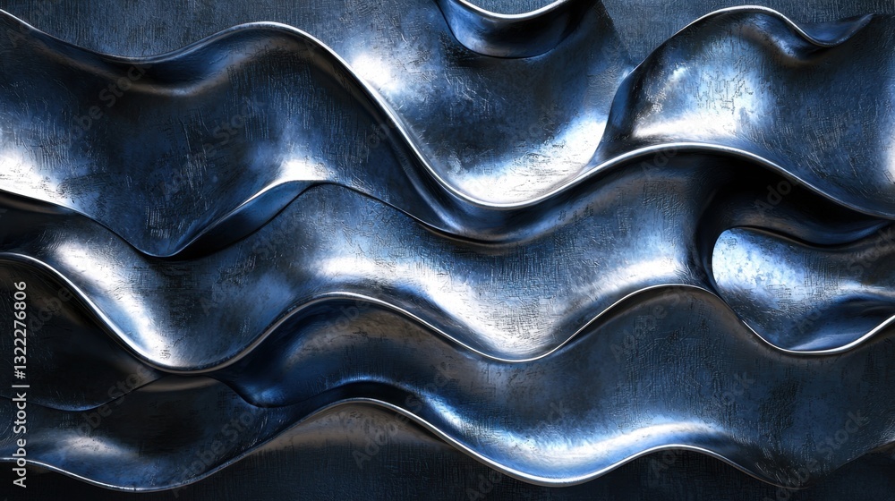 Poster flowing metallic waves shimmer in dim light, showcasing a smooth texture and intricate patterns. the