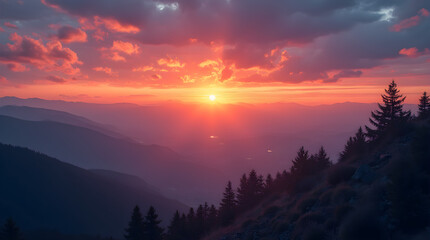 Dramatic Vibrant Mountain Sunset Colorful Sky Forest