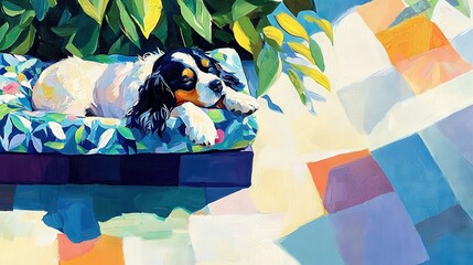 A monochrome dog lounging on a blue cushion before a green pot, under the bright sunlight