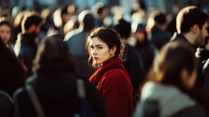 Amidst a bustling crowd, a woman in a red coat stands out, embodying individuality and defiance in the urban sea of anonymity and motion.