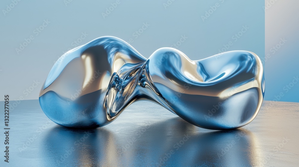 Poster a smooth, metallic sculpture sits on a clean surface, reflecting light and creating an intriguing vi