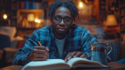 Obraz premium Focused Young Black Man Studying with Notebook and Coffee in Cozy Home Library, Warm Ambient Lighting, Blue and Brown Color Palette, Concept of Education and Deep Learning