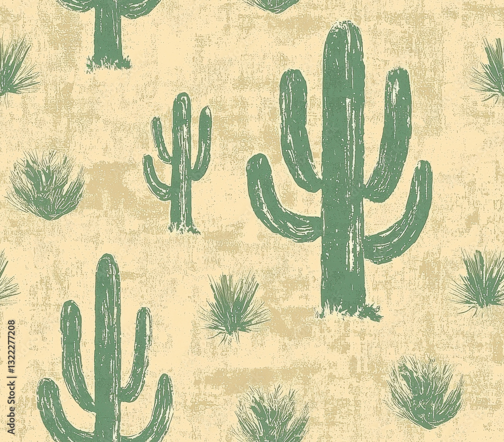 Poster cactus silhouettes in soft sage green on dusty background create serene atmosphere, seamless pattern