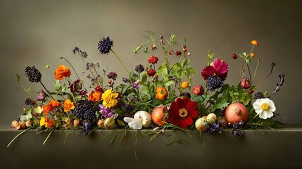   A bouquet of flowers rests atop a table, adjacent to a vase with blooming flora cascading from its base