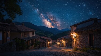 A charming village sits quietly under a starry sky, with warm lights glowing on stone houses. The Milky Way shines brightly over the serene landscape, creating a captivating atmosphere