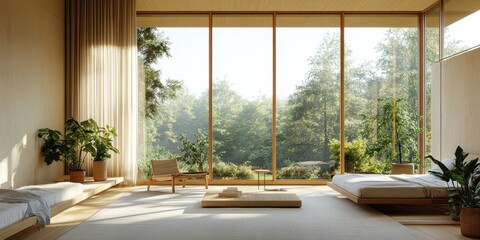 Interior bedroom scene with large windows overlooking the forest