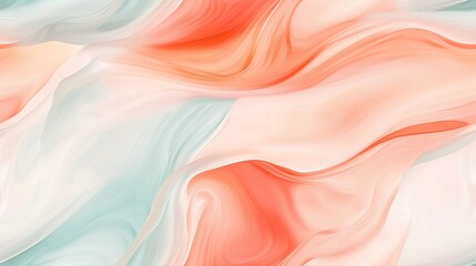   An abstract painting featuring pastel hues as wave-like patterns on a beige and blue backdrop, with a vibrant red focal point