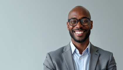 African busnessman bald in glasses against grey background