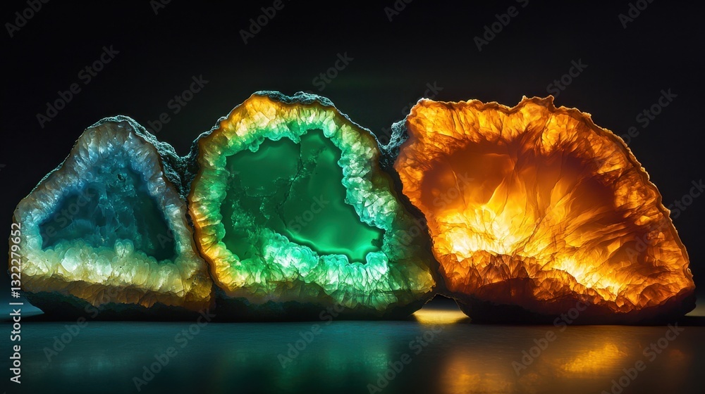 Poster three slices of agate showcase mesmerizing patterns and striking colors, illuminated against a dark 