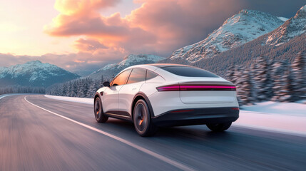 Obraz premium Electric Car Driving on Scenic Snowy Mountain Road at Sunset