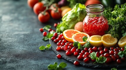 A vibrant selection of healthy fresh vegetables and fruits with room for text on diet and weight loss tips