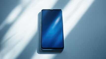 A stark white backdrop, devoid of any distractions, reveals a sleek, icy blue smartphone, its smooth, curved edges reflecting the light. The screen is dark, promising a captivating digital