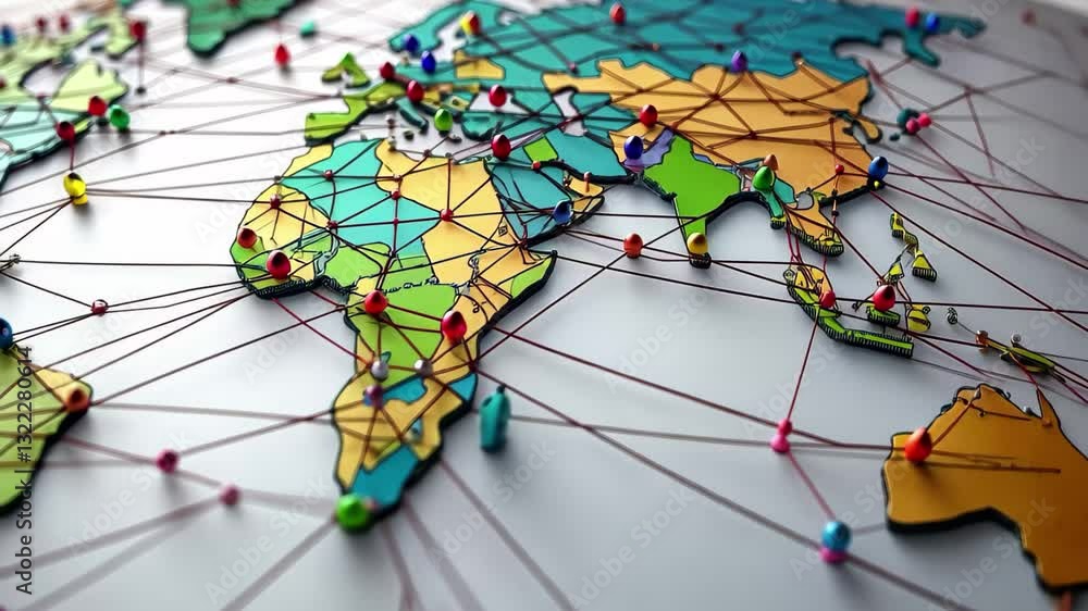 Poster network of connections illustrating data processing across the globe with vibrant geographical repre