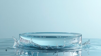 Clear glass platform in water with splash.