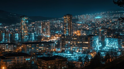 The city skyline displays a stunning array of illuminated skyscrapers and buildings against a dark night sky. Bright lights reflect the bustling urban life