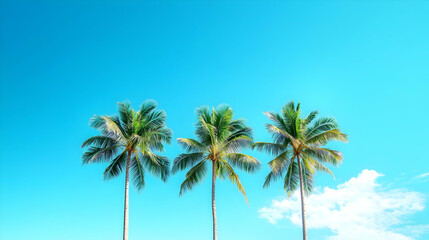 Four Lush Green Palm Trees Against A Vibrant Blue Sky With Wispy White Clouds On A Sunny Tropical Summer Day