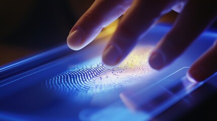 A hand gently touches a transparent display, scanning a fingerprint on a bright blue background. This showcases the interaction with biometric technology at work in a modern setting