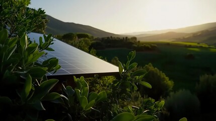 Solar panel on a green hillside with a scenic valley view and warm golden sunlight