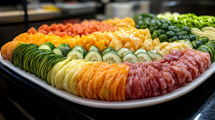 Colorful array of sliced fruits and fish