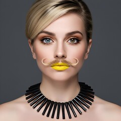 Unforgettable Glamour: A Beautiful Woman with One-of-a-Kind Eyes, Yellow Lips, and a Bold Mustache, Exuding Confidence