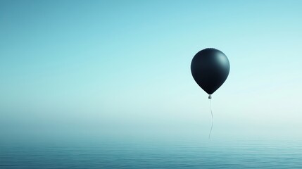 Obraz premium A lone, black balloon, its vibrant hue a stark contrast against the vast, pristine expanse of blue, drifts gracefully through the air, tethered by a slender, white ribbon, its journey uncharted.