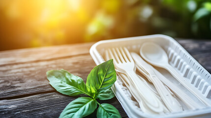 Eco-friendly biodegradable cutlery set placed on a rustic wooden table.