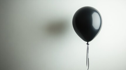 A solitary black balloon, adorned with a vibrant ribbon, drifts gracefully against a pristine, white backdrop, its cheerful presence adding a pop of color to the serene scene.