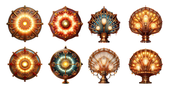 Vintage Decorative Light Fixtures Collection in Art Deco Style, PNG bundle collection, Isolated on Transparent Background