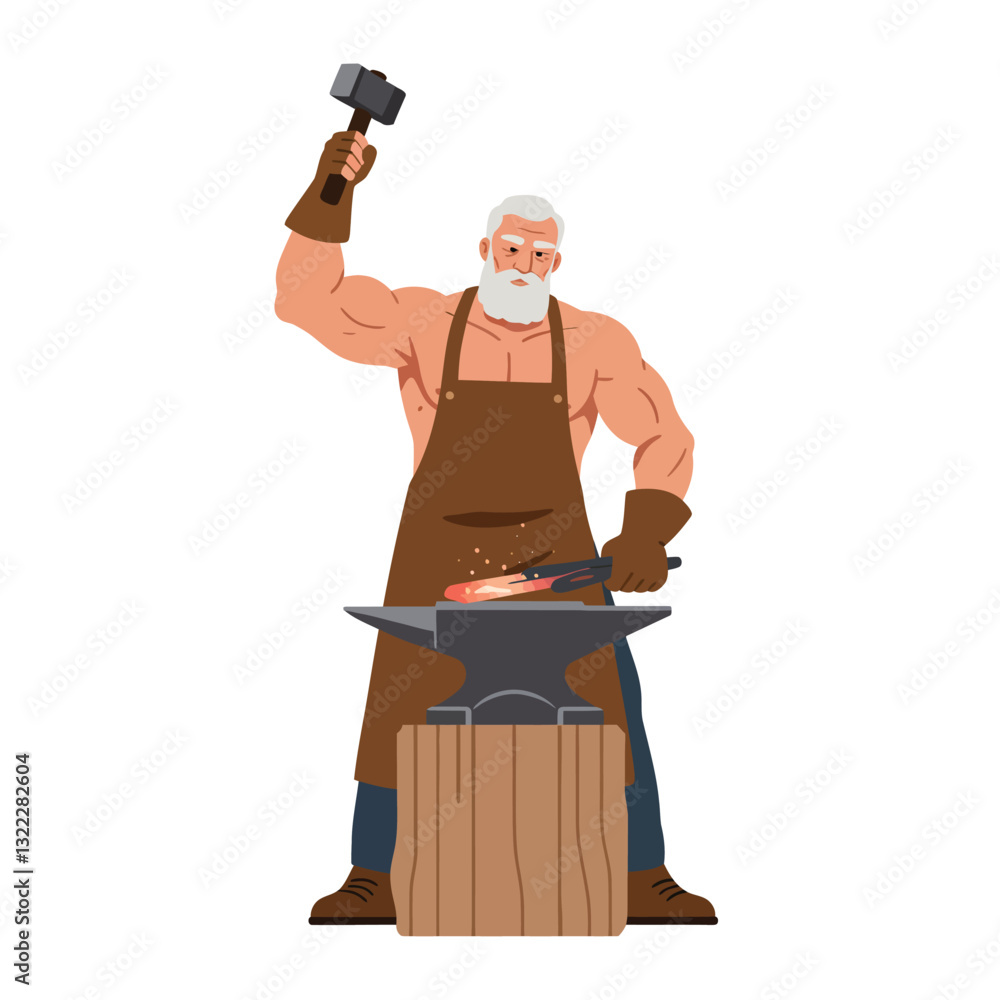 Poster strong blacksmith character in apron with hammer in flat vector art