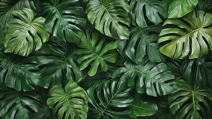 Lush greenery A vibrant background filled with large, split tropical monstera leaves
