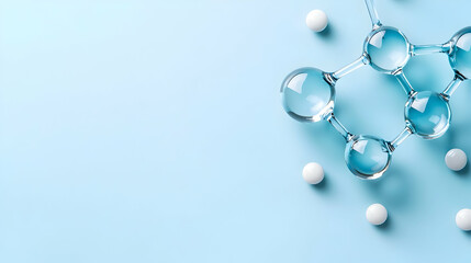 3D Render of Glass Molecular Structure With White Spheres On A Light Blue Background With Copy Space