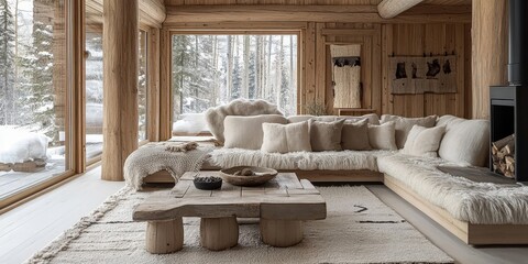 A cozy living room with a view of a snowy landscape