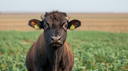 Close-up of a dark brown cow standing in a green field.
