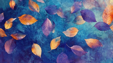 Vibrant autumn leaves in shades of orange and purple are scattered across a rich blue background, creating a striking visual contrast that captures the essence of the season