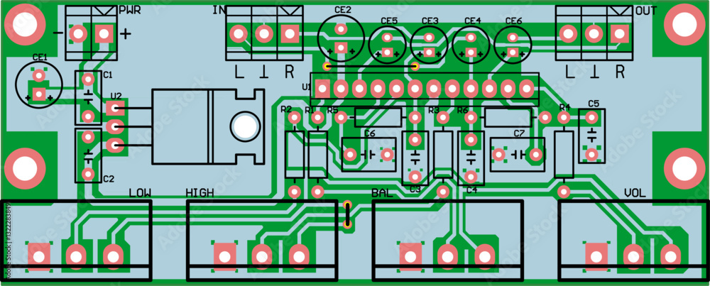 Poster vector printed circuit board of electronic device with components of radio elements, conductors and 