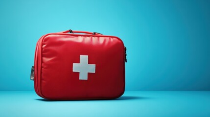 Fototapeta premium A vibrant red first aid kit, its contents a testament to preparedness, stood proudly on a stark blue backdrop, a symbol of readiness in the face of unforeseen challenges.