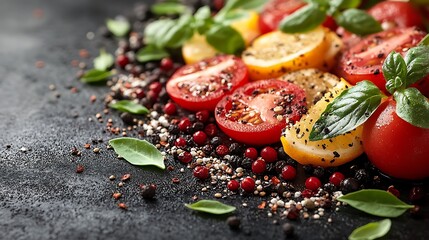 Colorful and fresh diet ingredients like fruits and vegetables with space for promoting healthy living