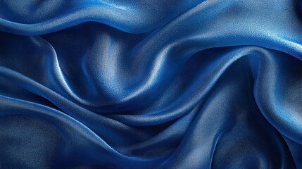 Fototapeta premium A deep blue tissue, its surface shimmering like a polished jewel, unfolds against a backdrop of a vibrant, cool blue. The fabric elegant form creates a mesmerizing wave effect, its folds rippling and