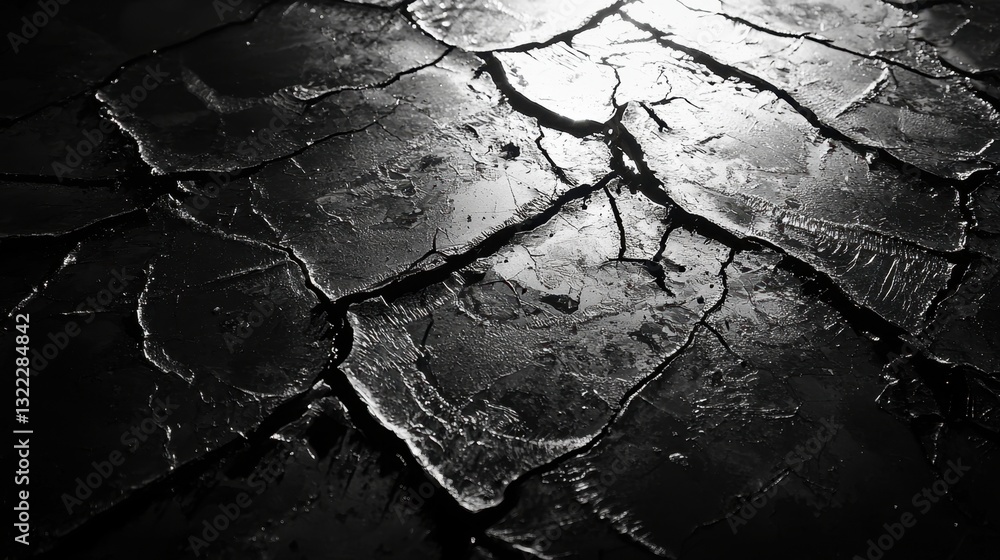 Poster a textured surface shows deep cracks and shiny reflections under light. the contrast emphasizes the 