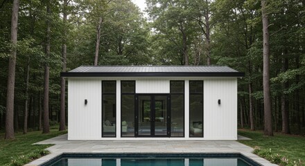 Modern Rectangular Pool House with White Vertical Siding