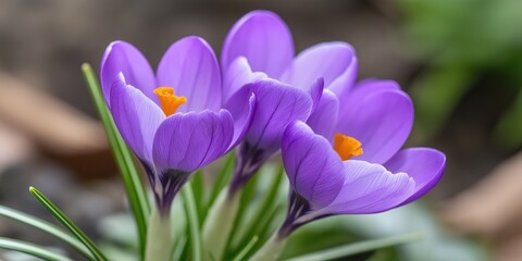 Three purple flowers with orange centers. The flowers are in a garden