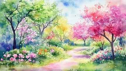 A bright watercolor scene depicting a charming pathway surrounded by colorful spring trees and flourishing flowers, inspiring feelings of joy and a connection to nature's beauty.