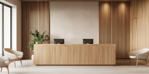 A modern reception area with a wooden desk and chairs