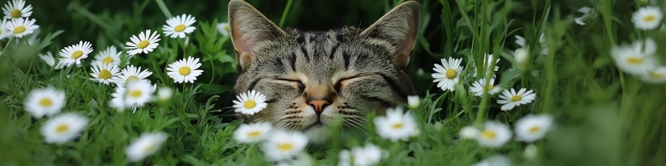 A cat is sleeping in a field of white flowers. The cat is curled up and he is very relaxed. The flowers are scattered throughout the field, with some closer to the cat and others further away