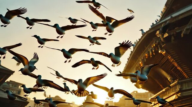 Pigeons take flight against a golden sky near Boudha during sunrise, Cinematic Shot of Pidgins Taking Flight Near Boudhanath In Nepal